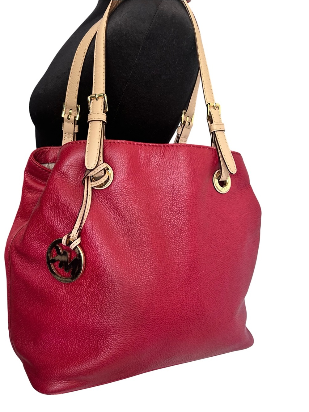 Michael Kors Large Red Leather Shoulder Tote Bag Grab TT Fulton Double Handles